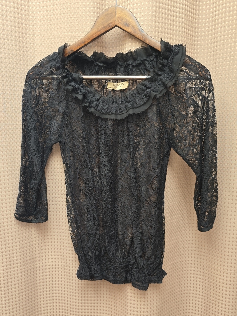 Romy Black Sheer Lace Ruffle Neck Blouse